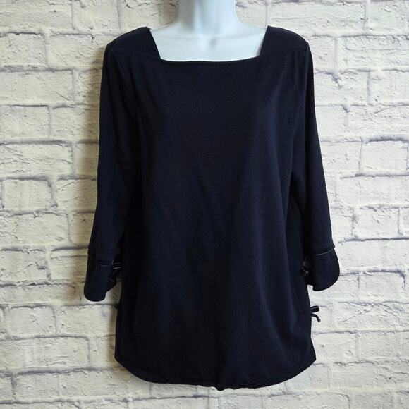 Talbots Womens Large Navy Blue Square Neckline 3/4 Sleeves Ribbon Ties on Side - Picture 1 of 13